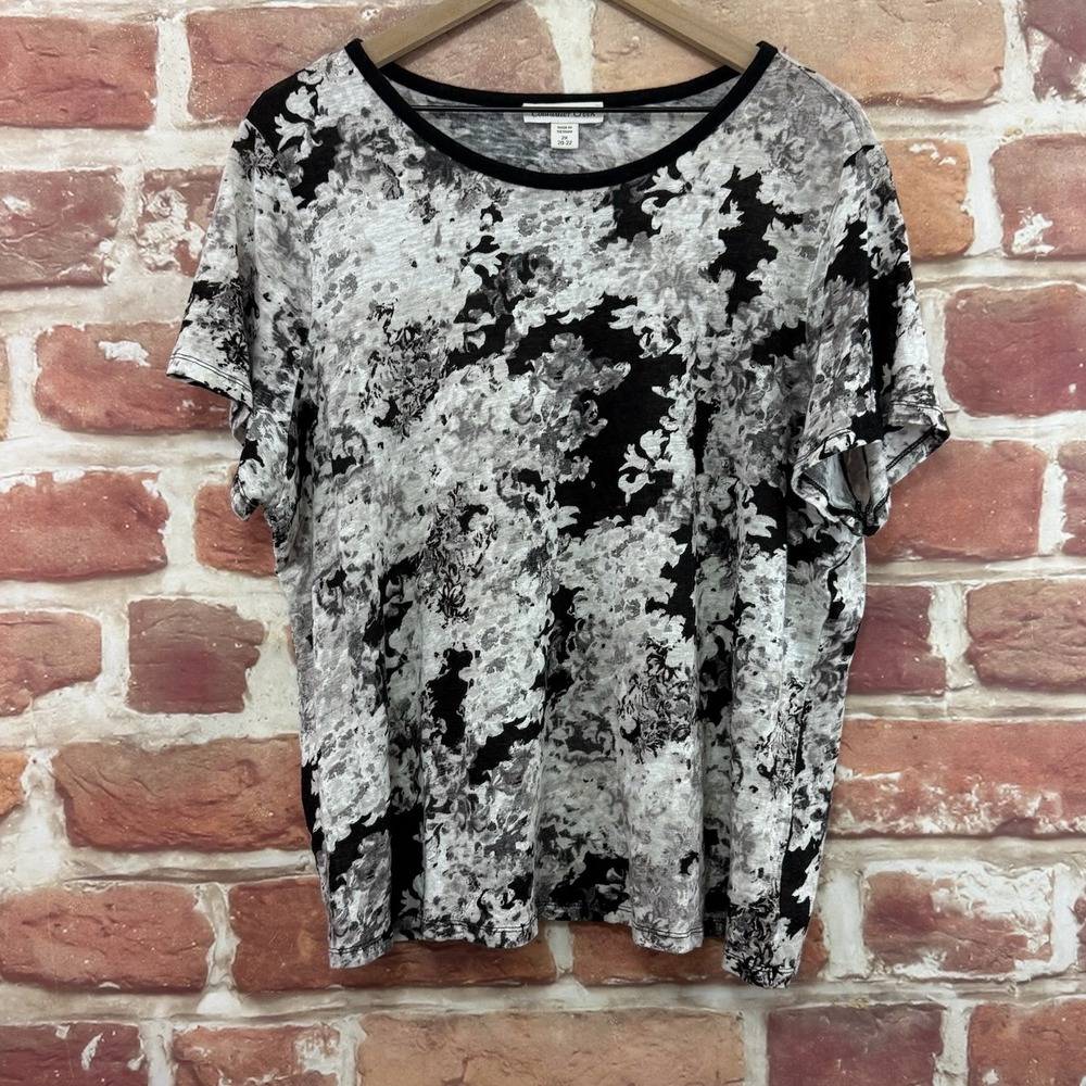 Coldwater Creek T Shirt Women's 2X Black White Gray Garden Floral 100% Linen Top
